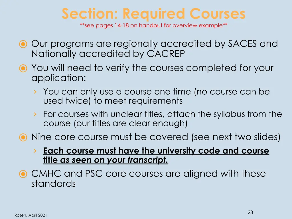 section required courses see pages