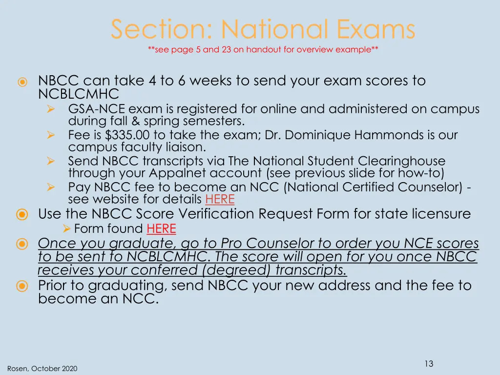 section national exams see page