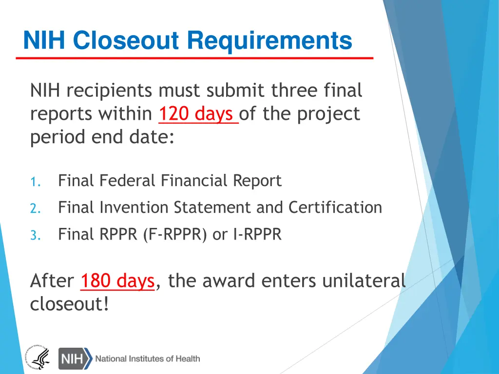 nih closeout requirements