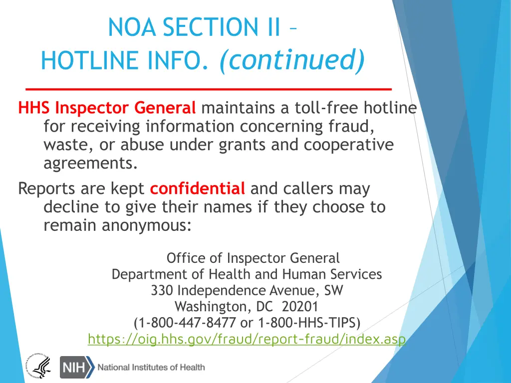 noa section ii hotline info continued