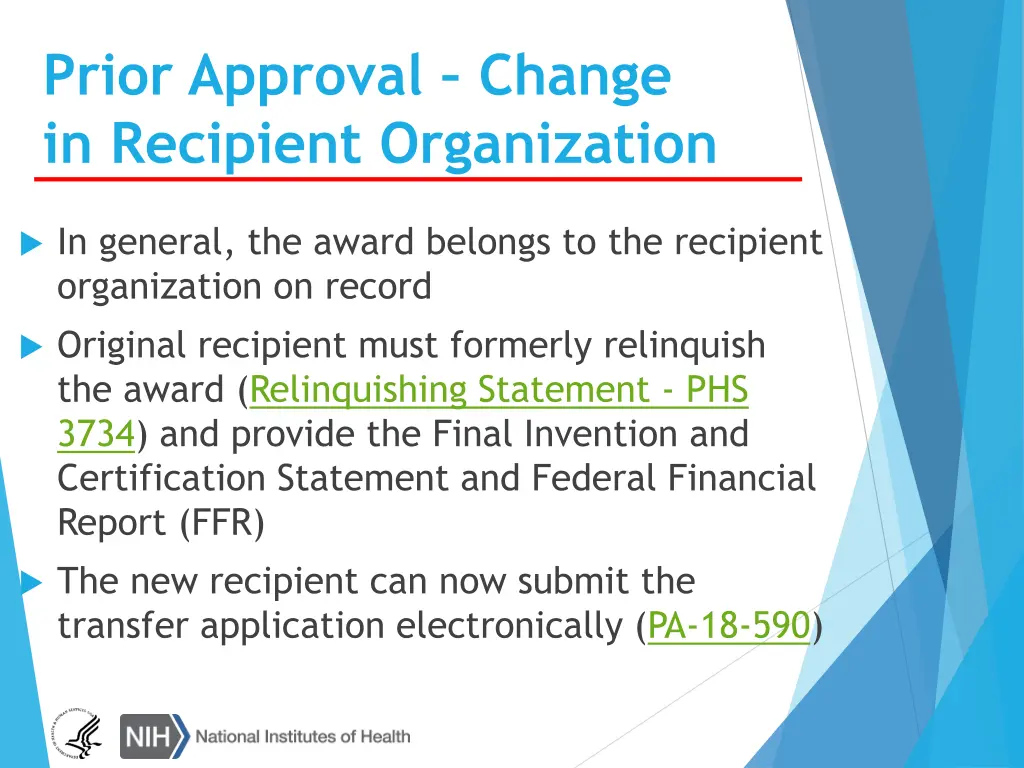 prior approval change in recipient organization