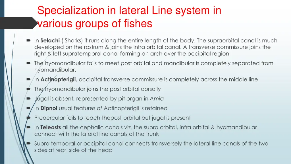 specialization in lateral line system in various