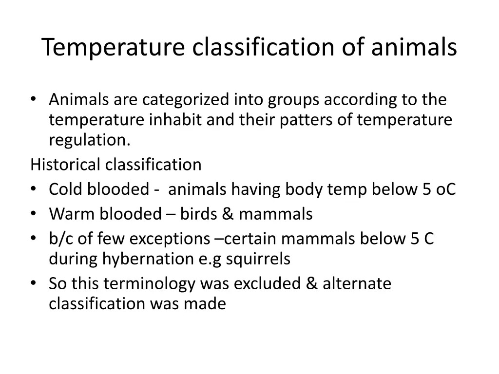 temperature classification of animals