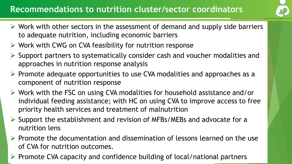 recommendations to nutrition cluster sector