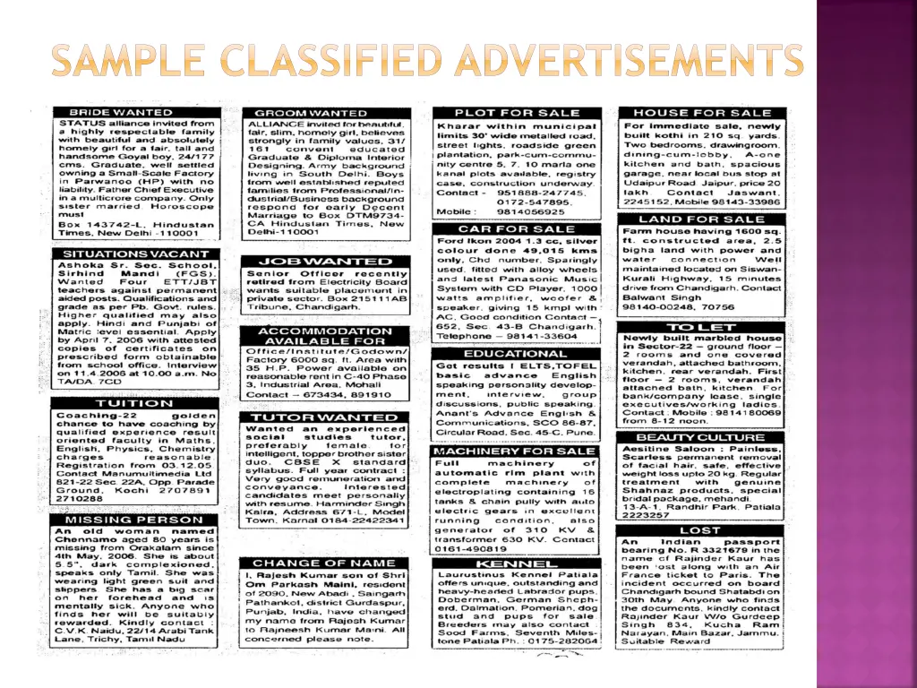 sample classified advertisements