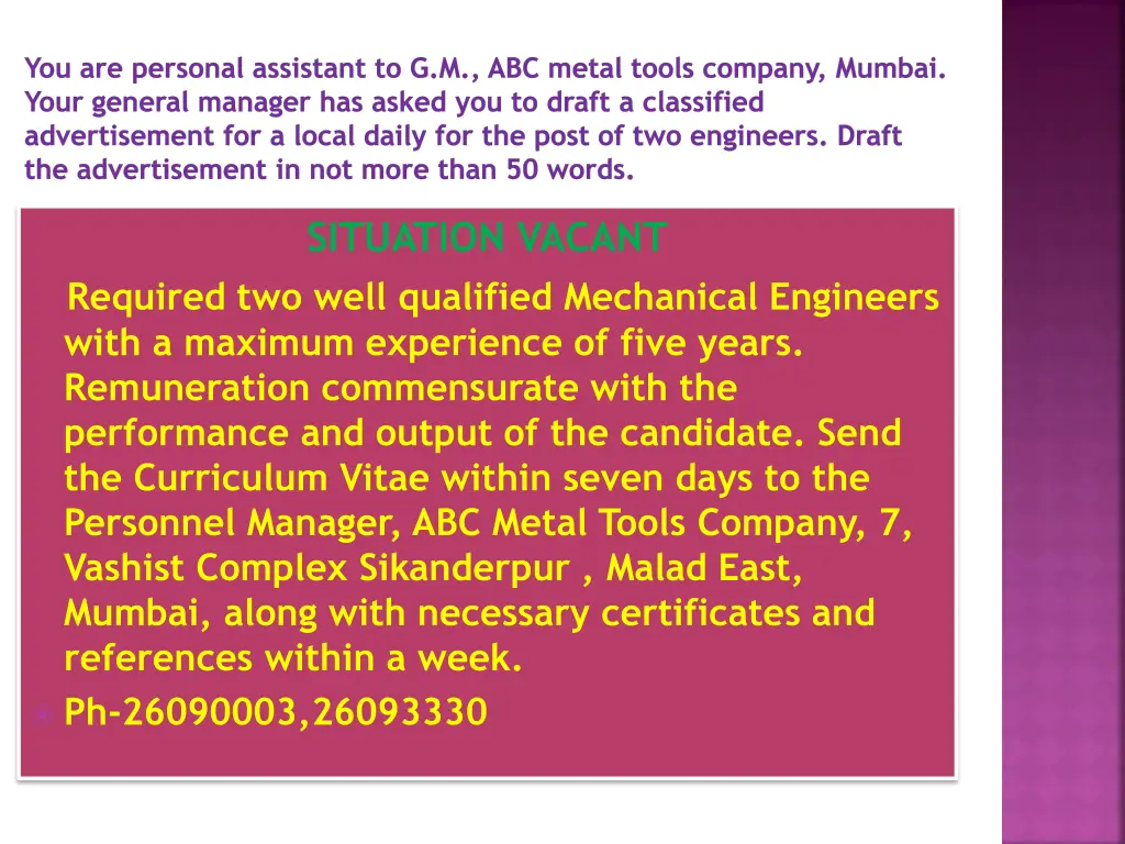 you are personal assistant to g m abc metal tools