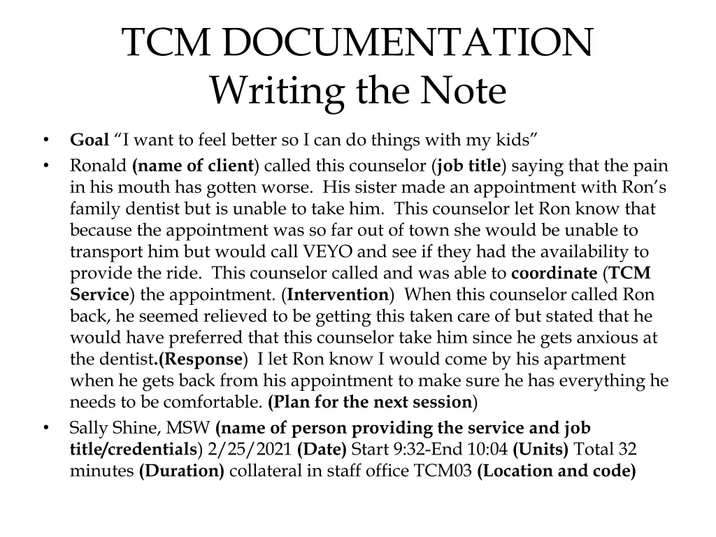 tcm documentation writing the note