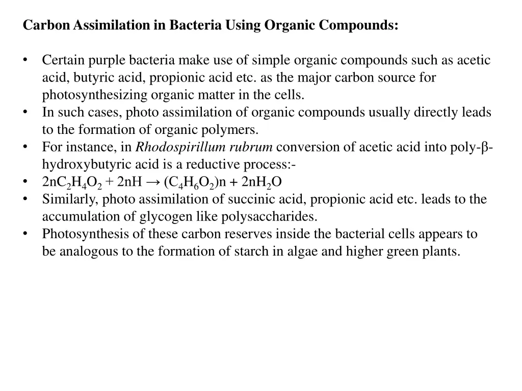 carbon assimilation in bacteria using organic