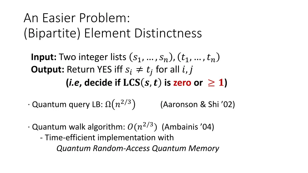 an easier problem bipartite element distinctness