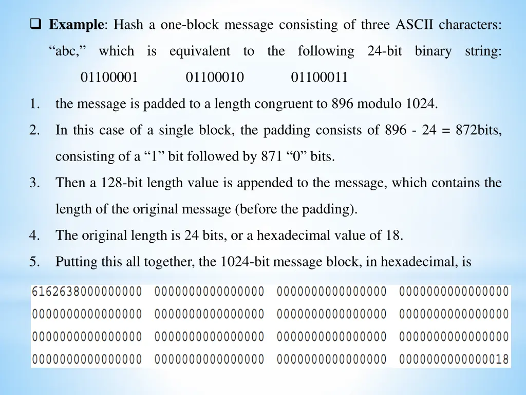 example hash a one block message consisting