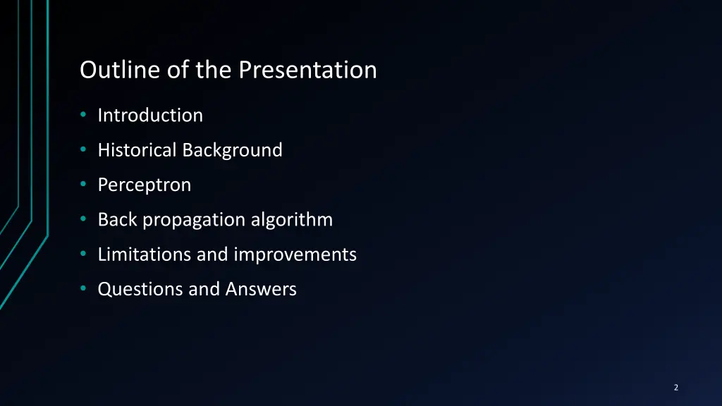 outline of the presentation