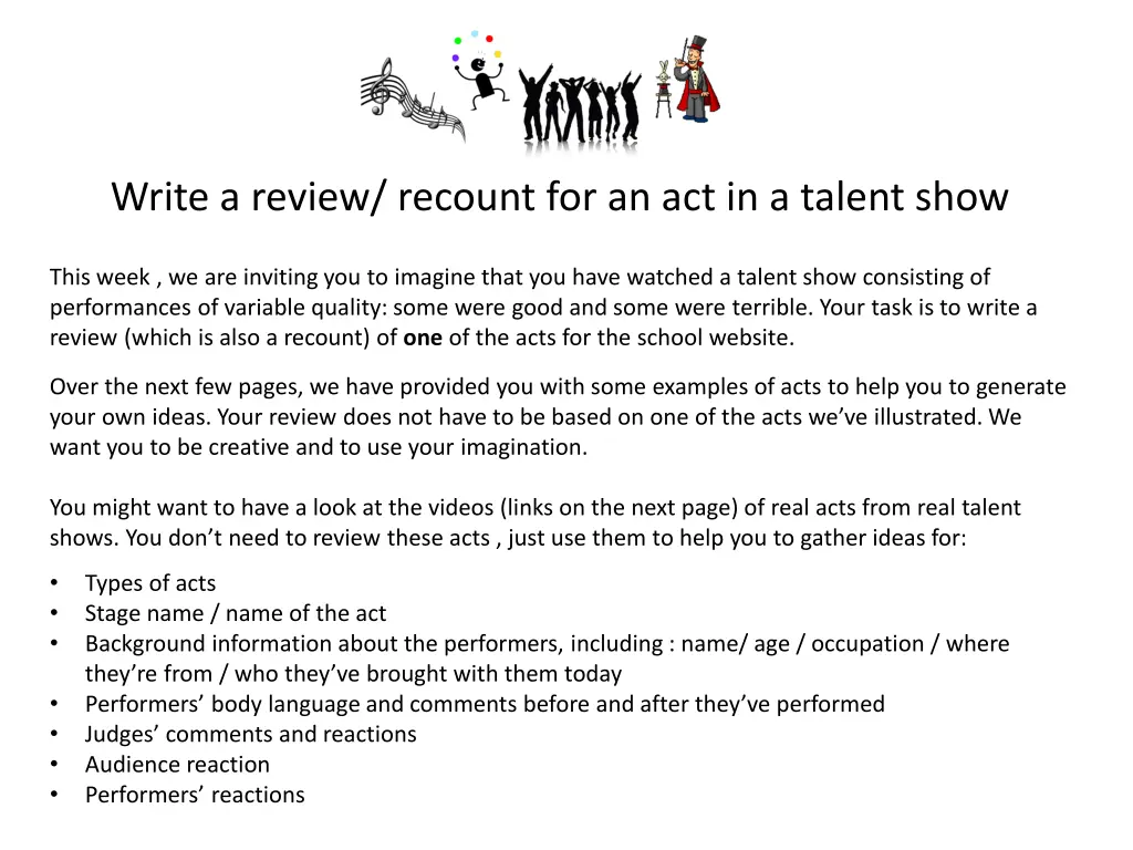 write a review recount for an act in a talent show