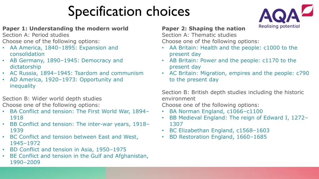 specification choices