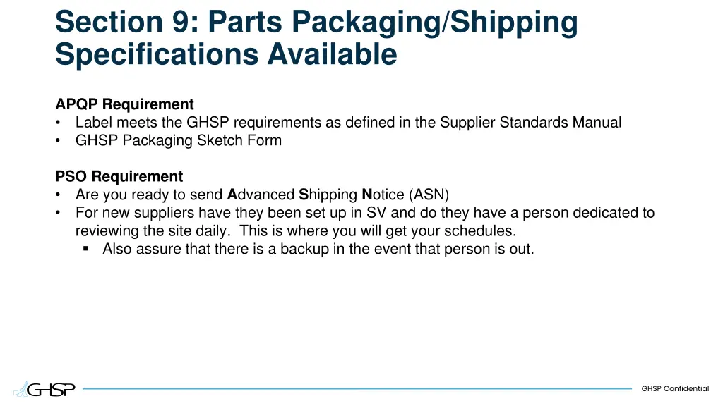 section 9 parts packaging shipping specifications