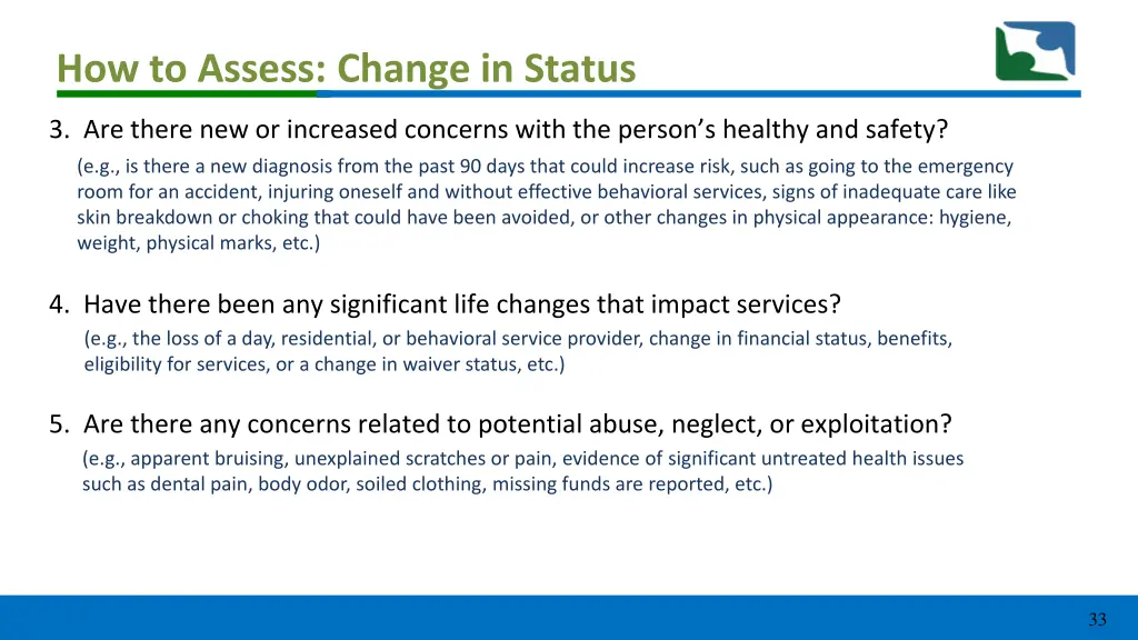 how to assess change in status 1