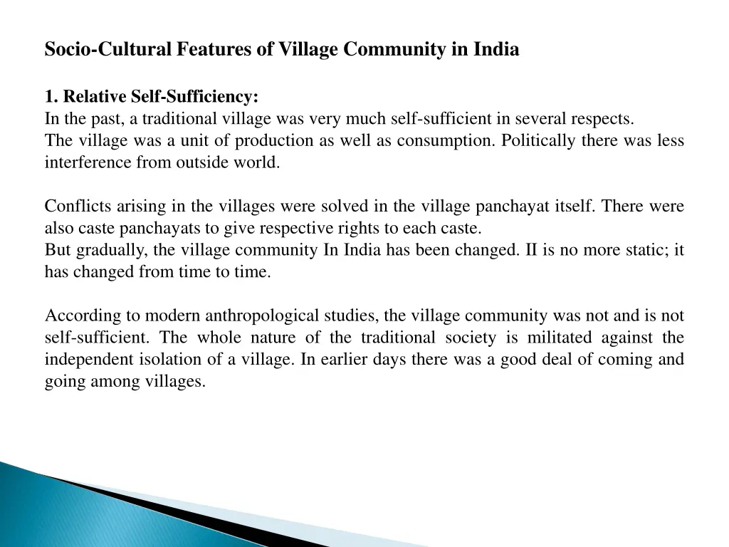 socio cultural features of village community