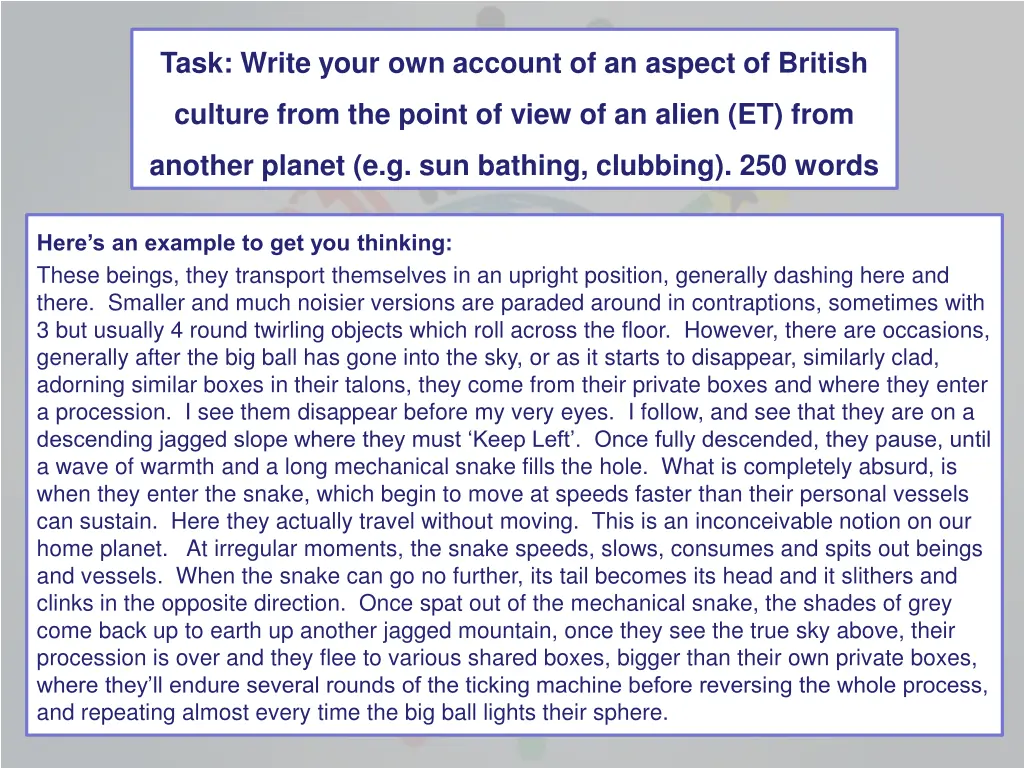 task write your own account of an aspect