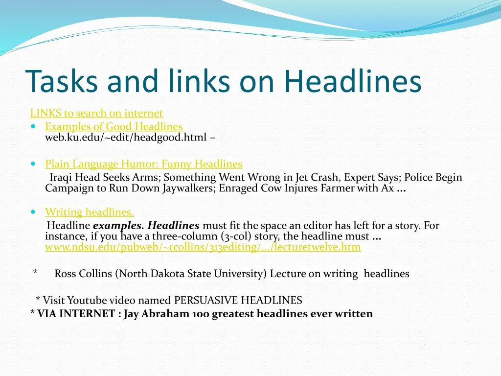 tasks and links on headlines