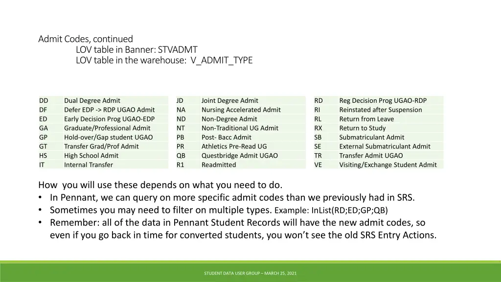 admit codes continued lov table in banner stvadmt