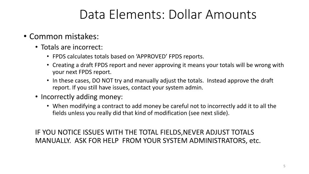 data elements dollar amounts