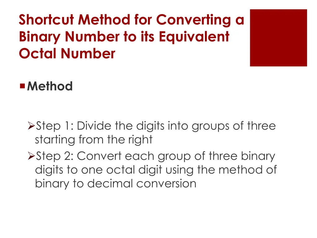 shortcut method for converting a binary number