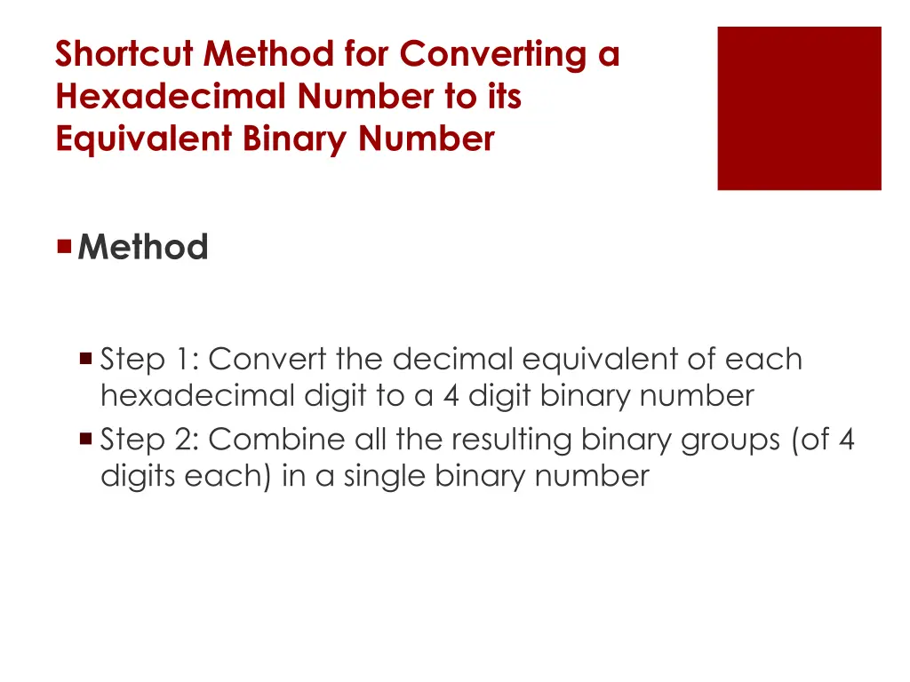 shortcut method for converting a hexadecimal