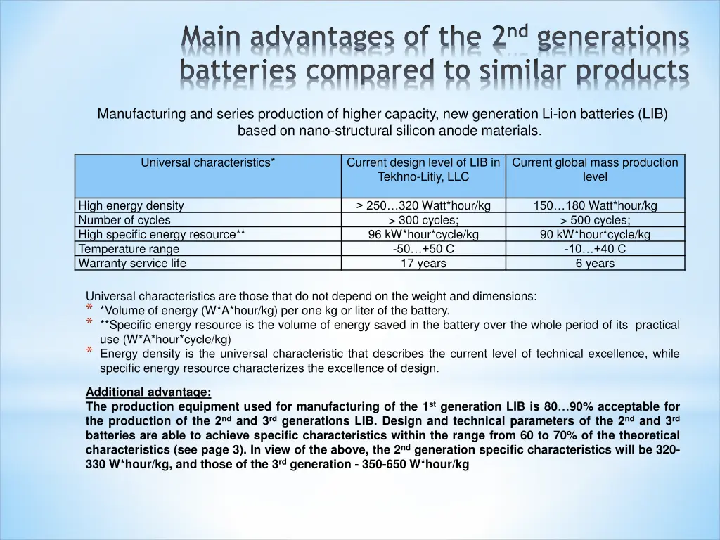 main advantages of the 2 nd generations batteries