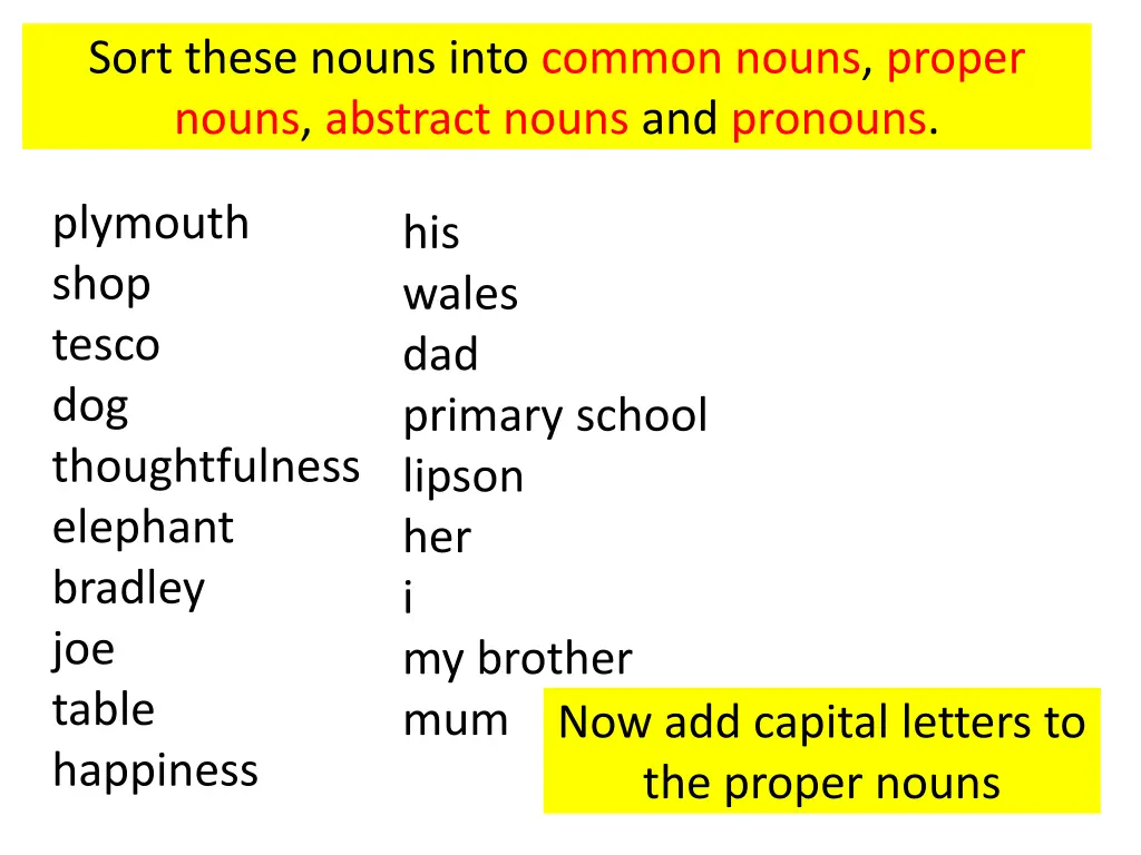 sort these nouns into common nouns proper nouns