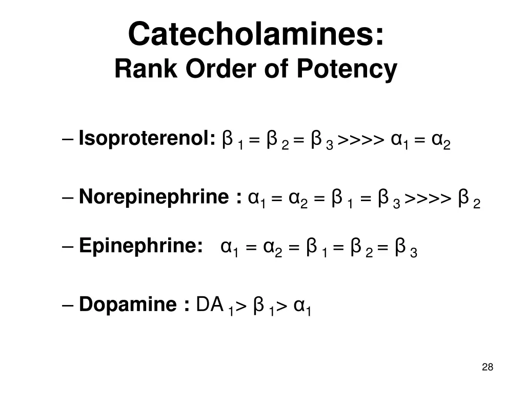 catecholamines rank order of potency