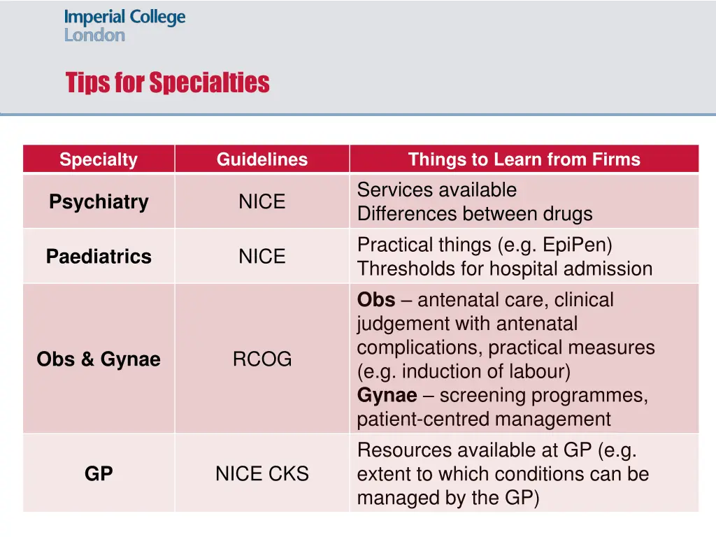 tips for specialties