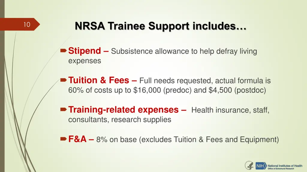 nrsa trainee support includes