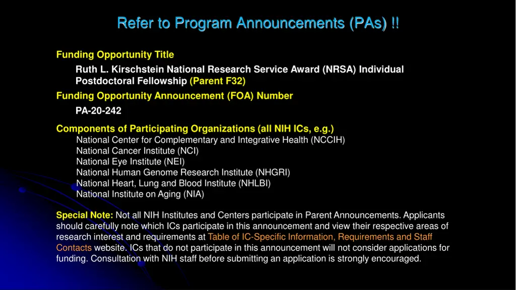 refer to program announcements pas