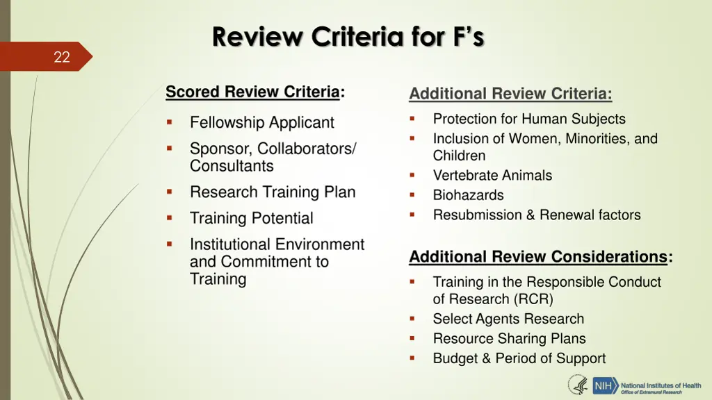 review criteria for f s