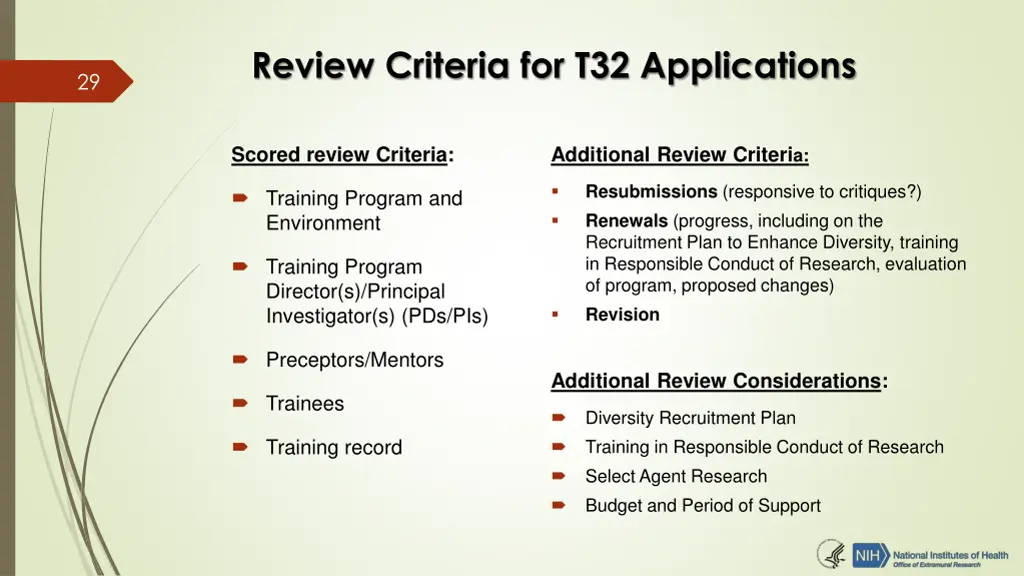 review criteria for t32 applications