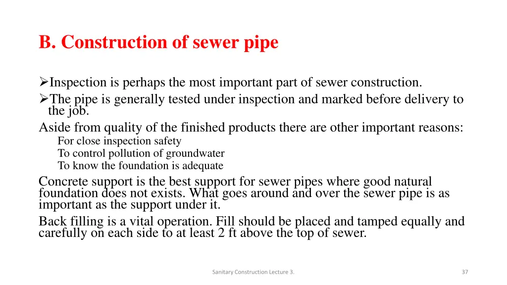 b construction of sewer pipe