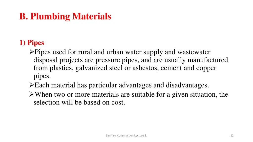 b plumbing materials