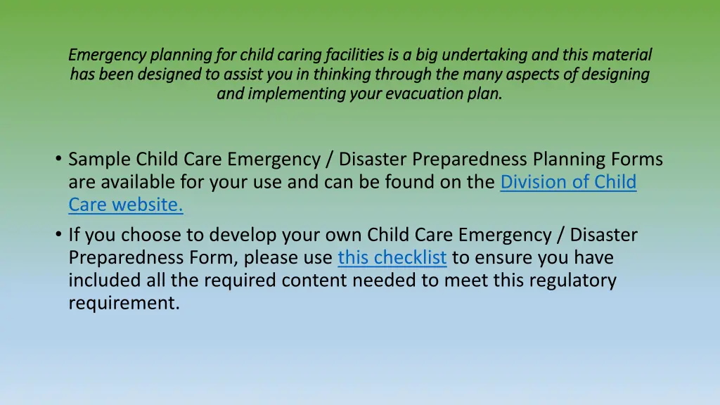 emergency planning for child caring facilities