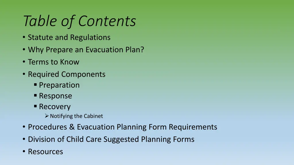 table of contents statute and regulations