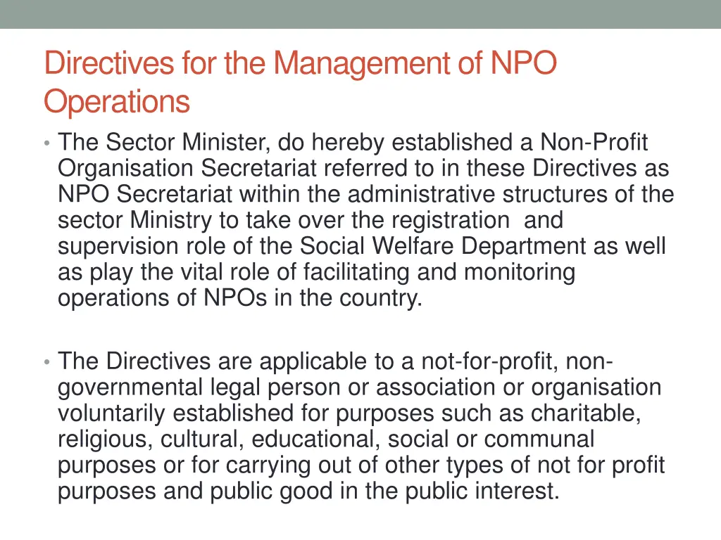 directives for the management of npo operations