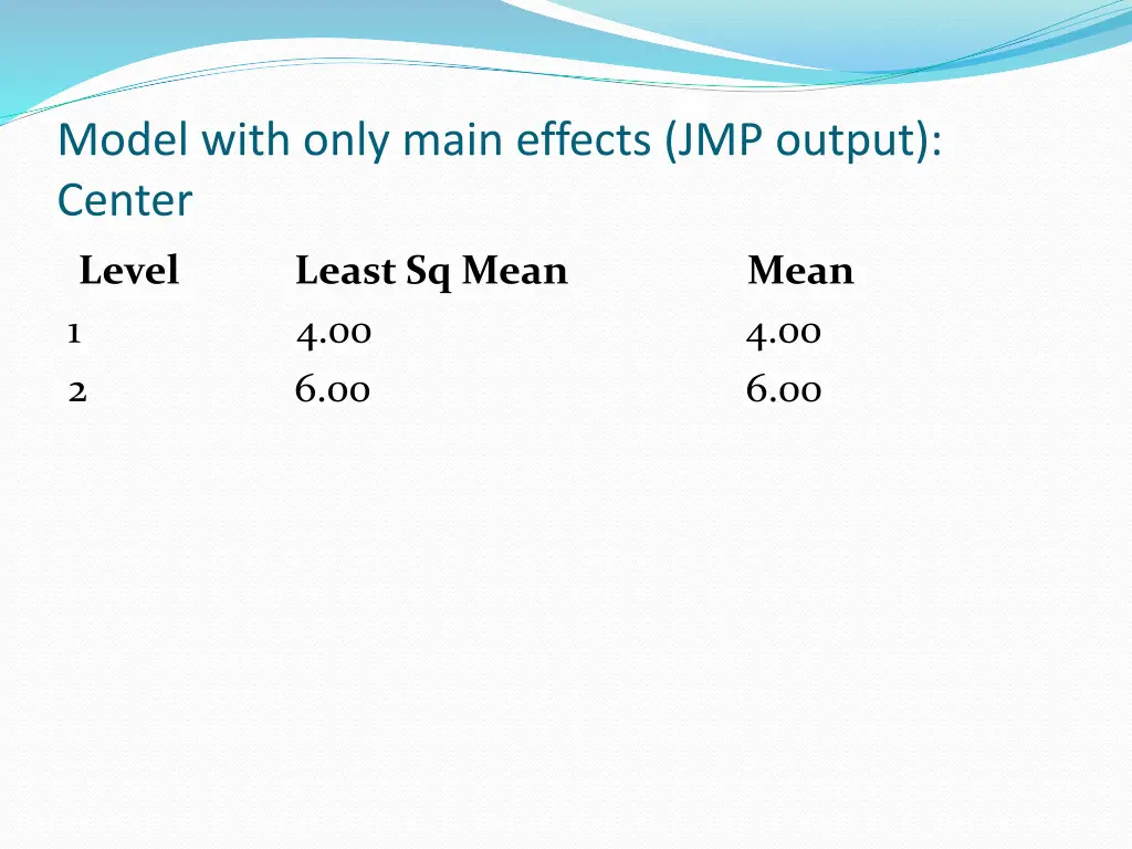 model with only main effects jmp output center