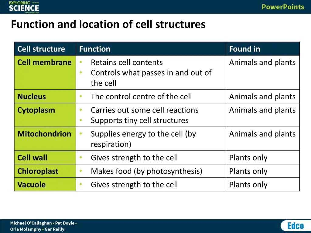 function and location of cell structures