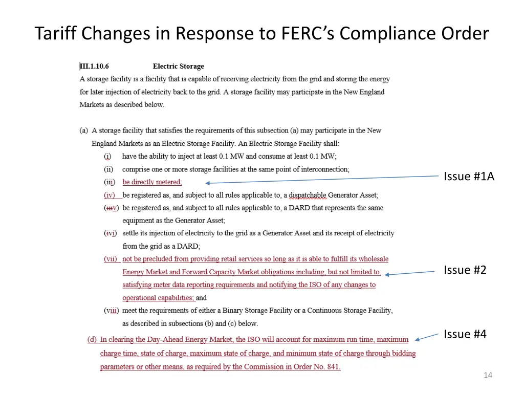 tariff changes in response to ferc s compliance