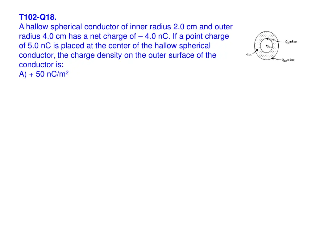 t102 q18 a hallow spherical conductor of inner