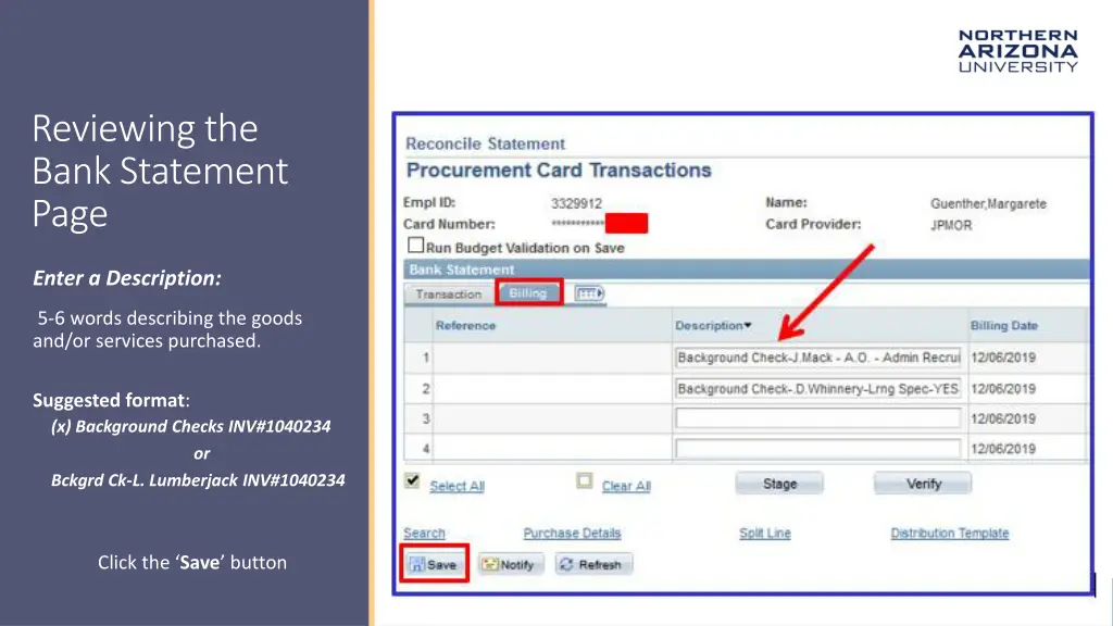 reviewing the bank statement page 1