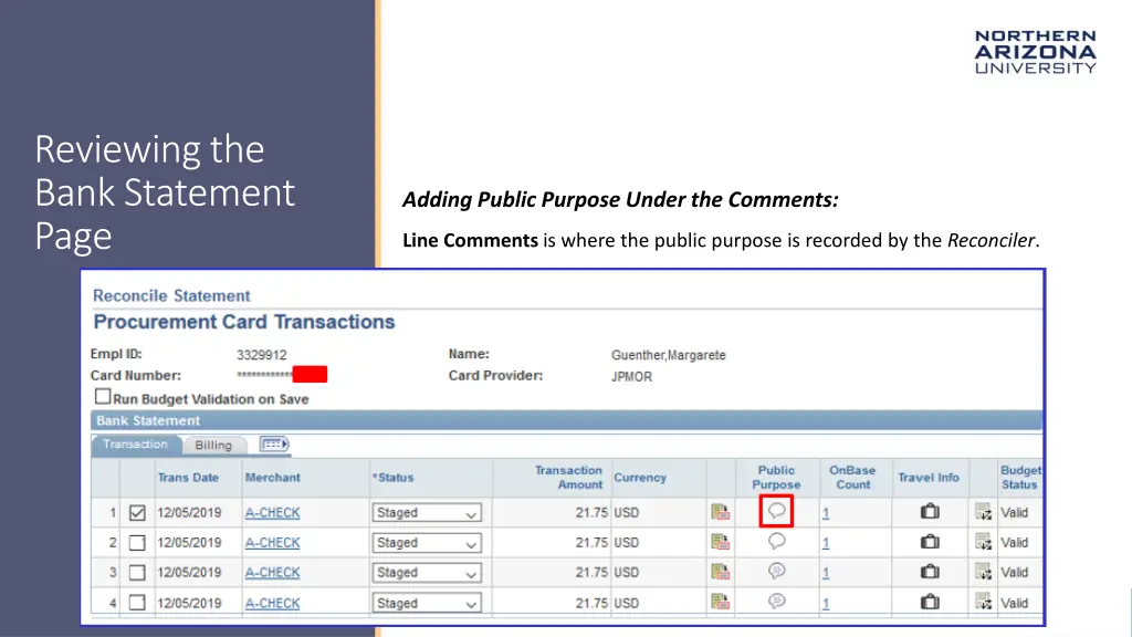 reviewing the bank statement page 2