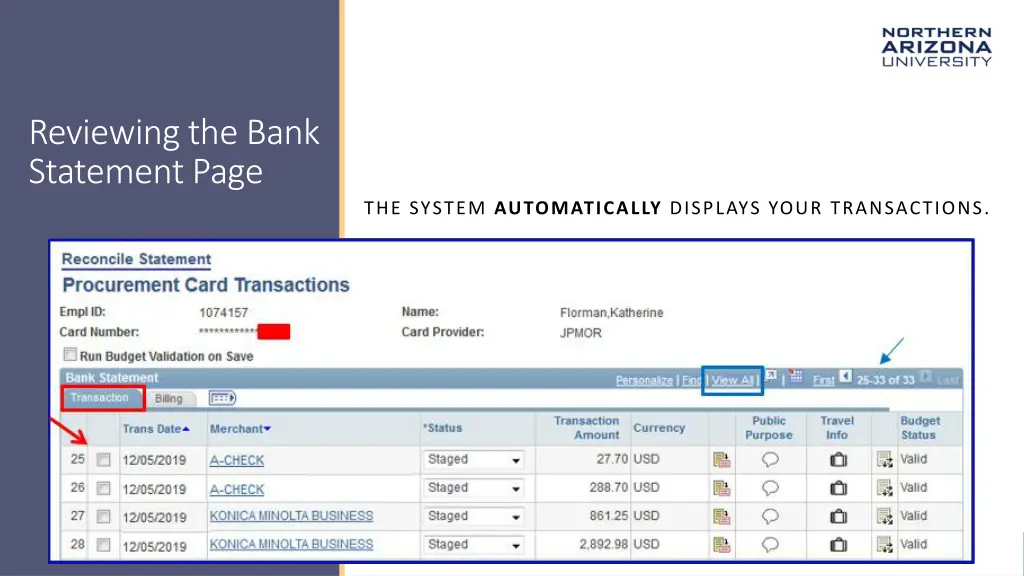 reviewing the bank statement page