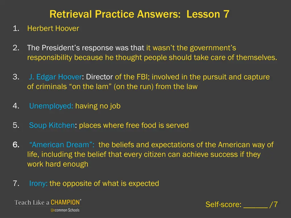 retrieval practice answers lesson 7 herbert hoover