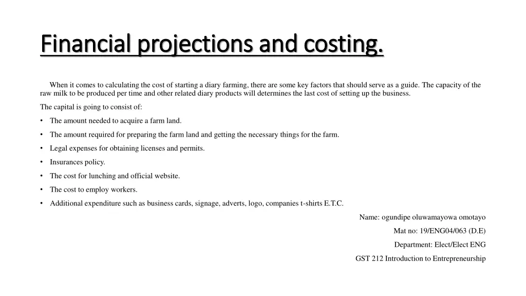 financial projections and costing financial