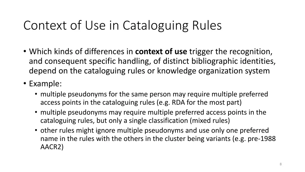 context of use in cataloguing rules