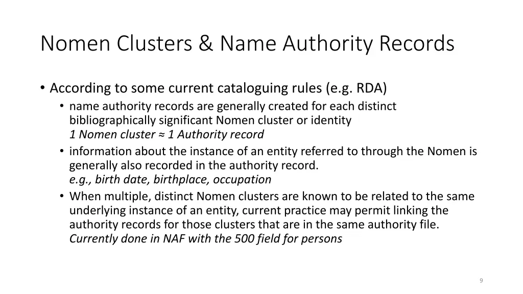 nomen clusters name authority records